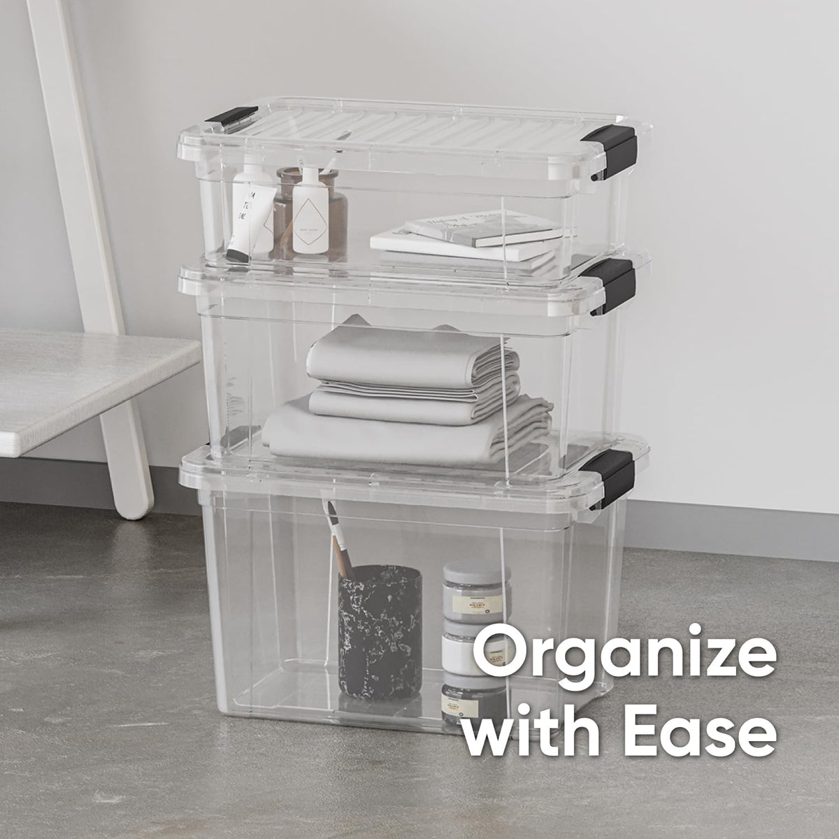 Superio Storage Bins with Lids- 4 Pack, 7.4 Qt Clear Boxes for Organizing, Stackable Plastic Containers- BPA Free, Non-Toxic, Odor Free, Organizer for Home, Office, Dorm
