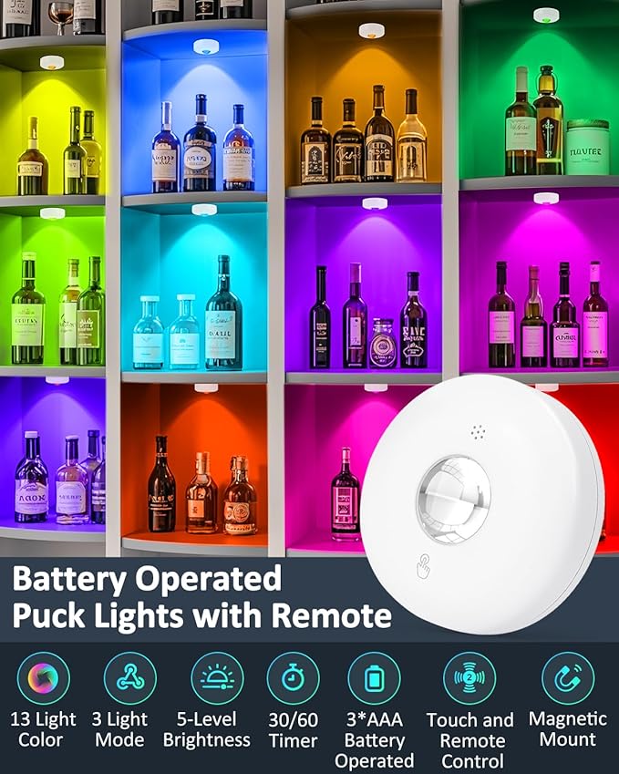 Yiliaw LED Puck Lights with Remote, Magnetic AAA Battery Operated Light, Under Cabinet Lighting, Tap Lights with Dimmer & Timmer for Kitchen, Closet, Shelf - 6 Pack, White