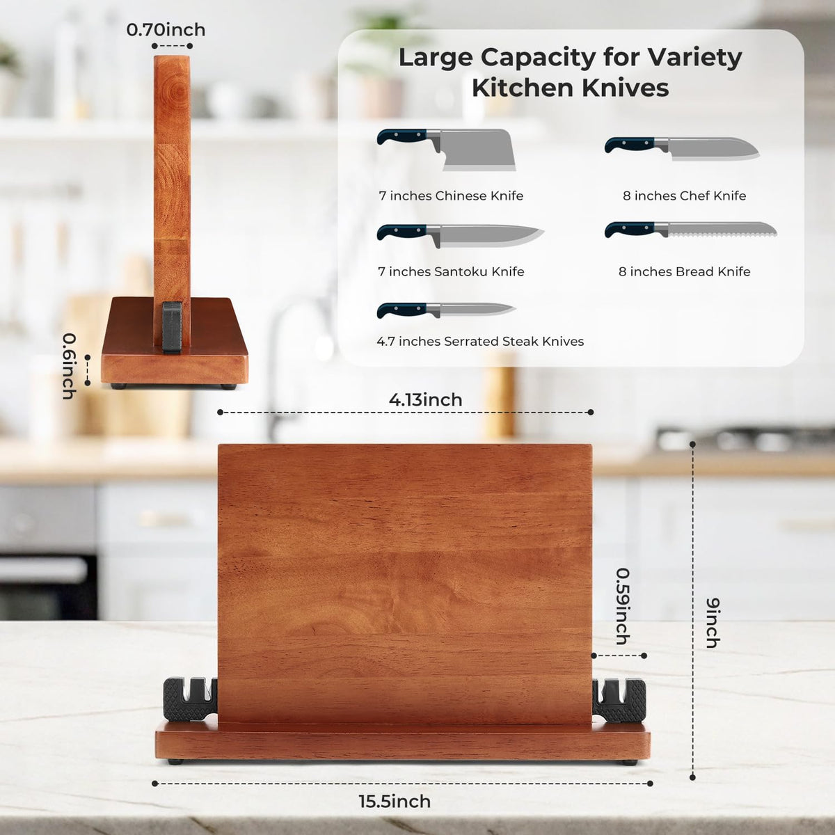 Magnetic Knife Block with Built-in Sharpener, Double-Sided 360° Magnetic Holder & Knife Sharpening Stone, Rubber Wood Countertop Storage Organizer, No Knives Included