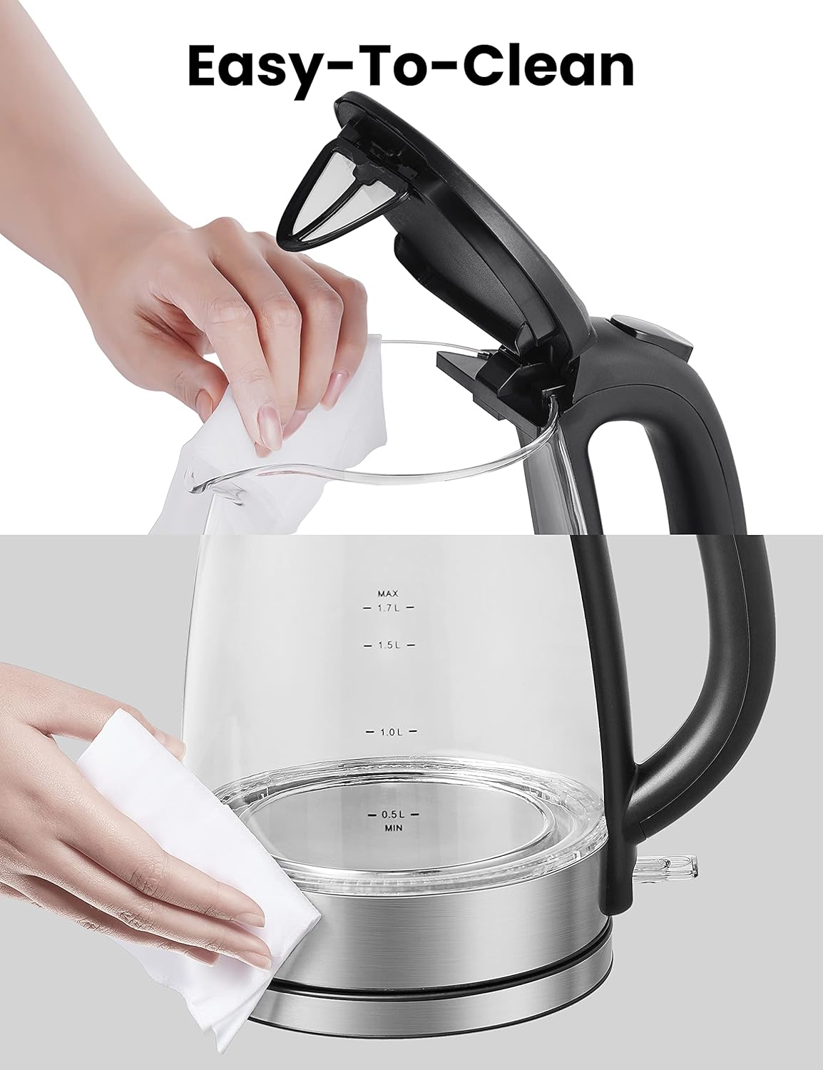 COMFEE' Glass Electric Tea Kettle & Hot Water Kettle Electric, 1.7L Electric Kettle with LED Indicator, 1500W Fast Boil, Auto Shut-Off and Boil-Dry Protection