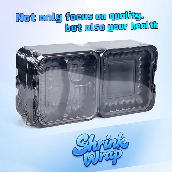 YANGRUI Food Containers Mineral Filled PP Plastic - 55 Pack 8x8 34 oz BPA Free | Shrink Wrap Microwave Safe | Reusable & Disposable Heavy Duty Clamshell Takeout | Black To Go 3 Compartment Lunch Box