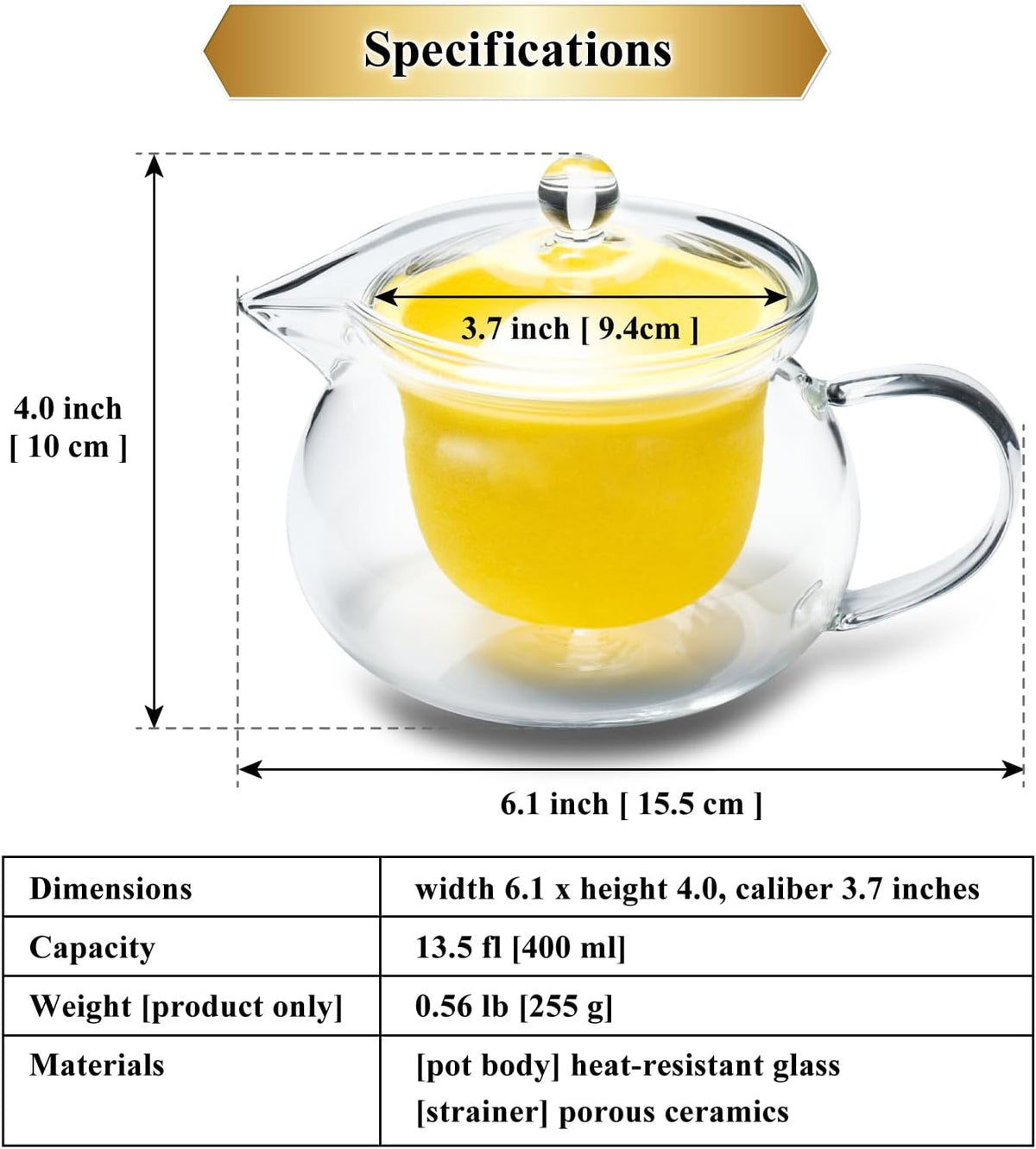 Heatproof Glass Teapot 13.5 fl (400 ml) with Removable Ceramic Infuser strainer Ha-Pot Made in Japan (Yellow)
