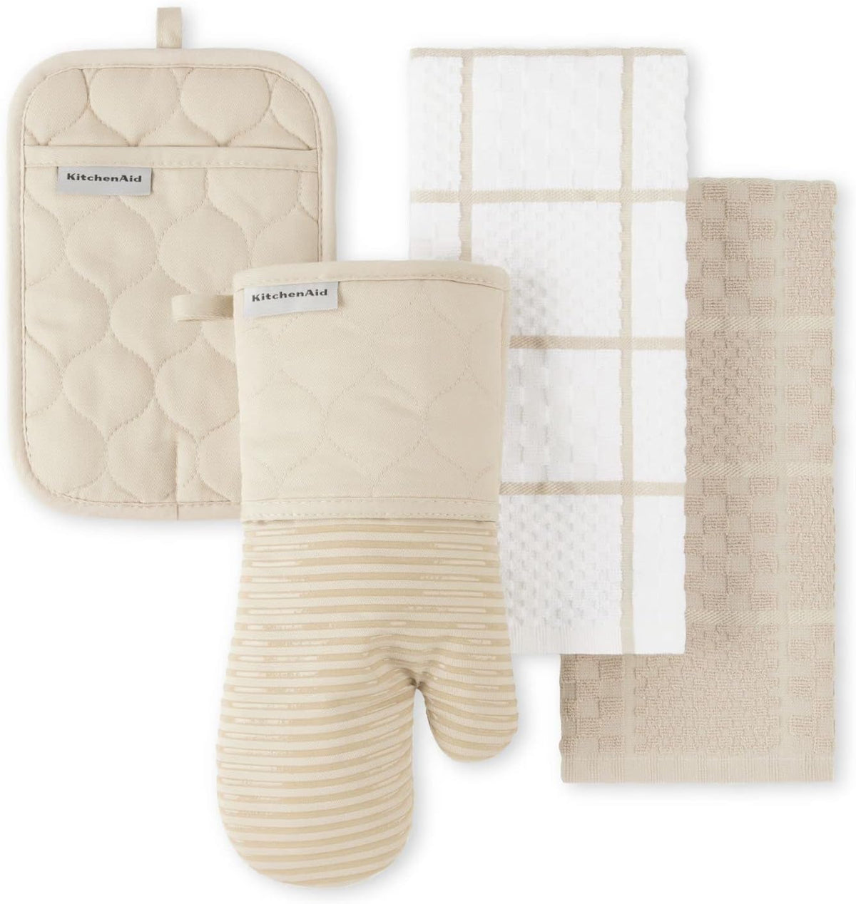 KITCHENAID Quilted Cotton Terry Cloth Oven Mitt, Pot Holder, Kitchen Towel 4-Pack Set, Heat Resistant, Silicone Grip, 16"x26", 7"x13" & 7"x10", Milkshake