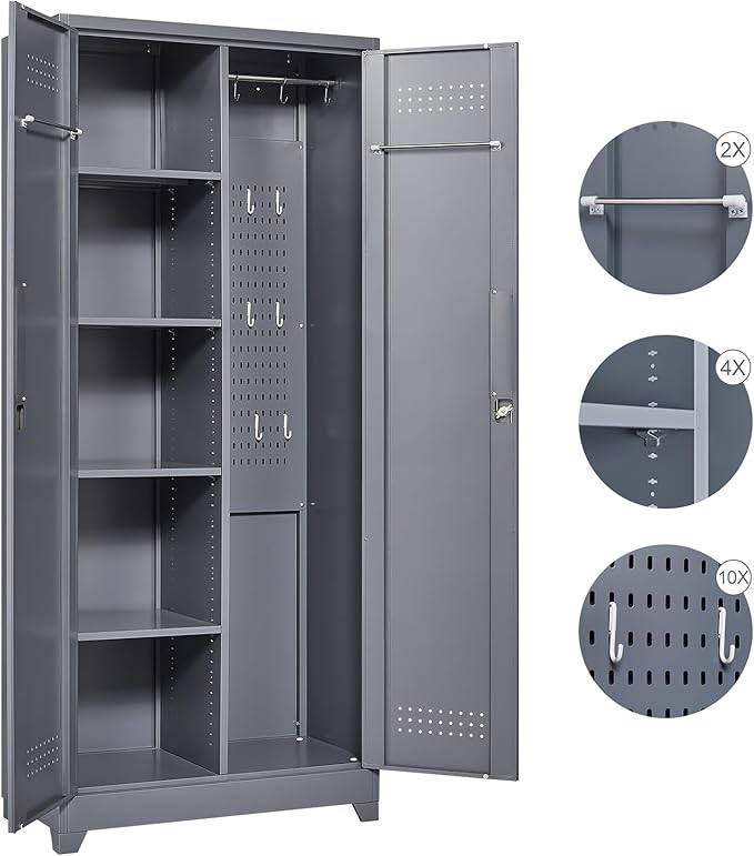 FLEXIMOUNTS 73'' Tall Metal Storage Cabinet with Locking Door, Large Cleaning Tool Organizer for Brooms, Garage, Laundry Room, Bathroom, Dark Grey