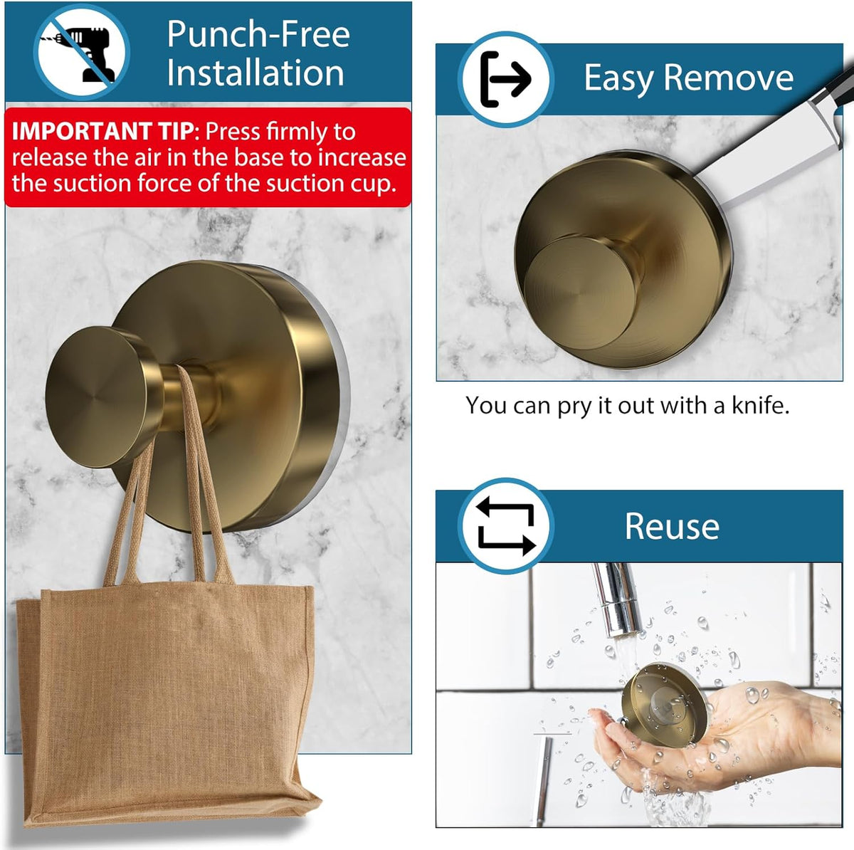 Suction Cup Hooks for Shower, 2 PCS No-Drill Towel Holder for Bathrooms Wall, Glass Door, Mirror, Tiles, Kitchen, Hold Robe & Wreath, Hanging up to 15 lbs – Waterproof & Rustproof,Loofah-Gold