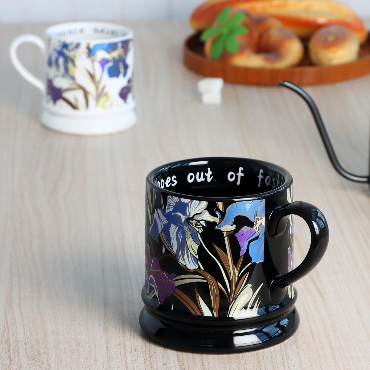 Ceramic Coffee Cappuccino Mug, 13 oz Classical Flower Mugs Vintage Floral Cups Aesthetic Mug Tea Cup, Perfect for Tea, Cocoa, Latte - Gifts for Women Men Dad Mom (Black)
