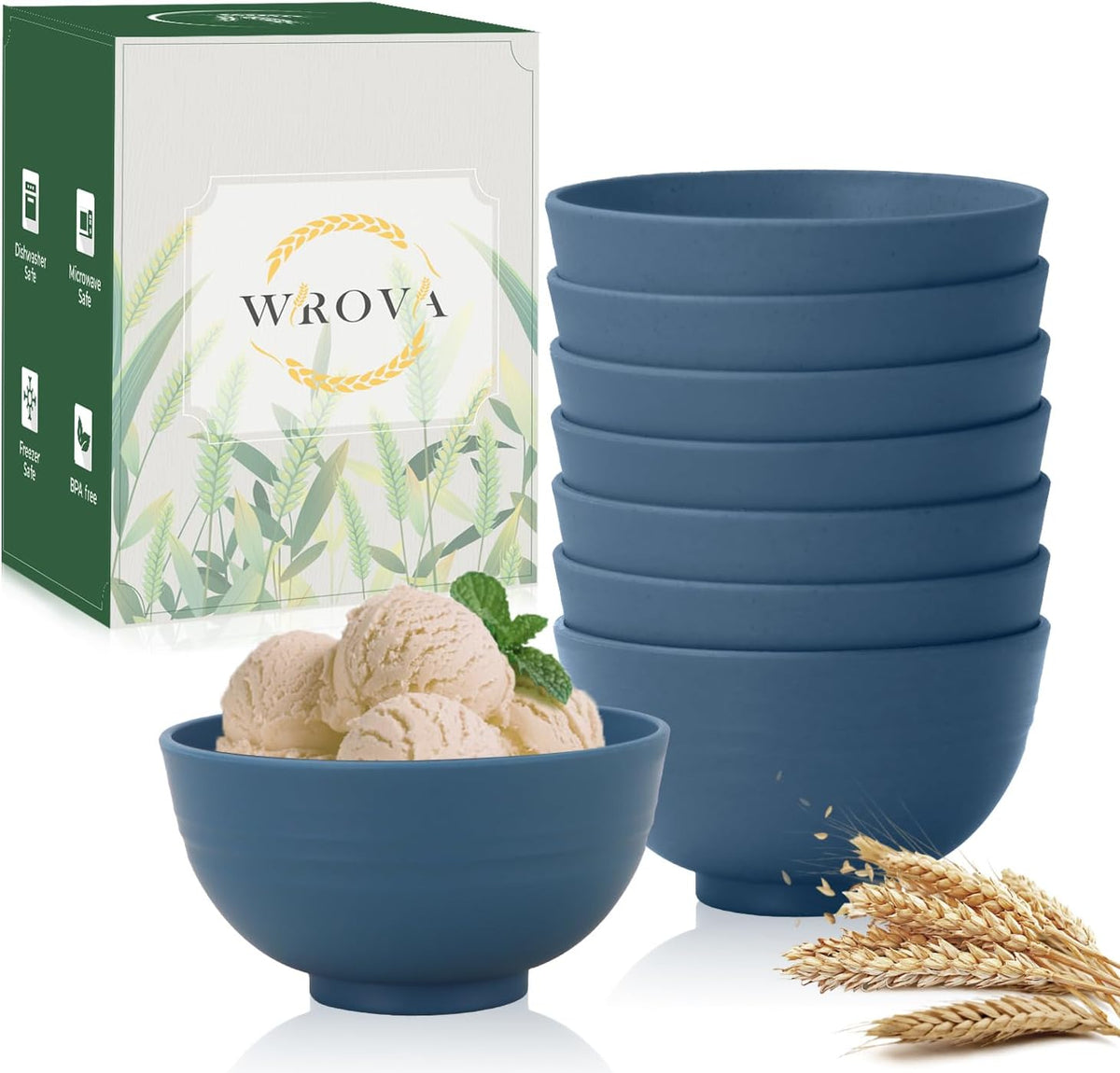 wheat straw dessert bowls 10oz set of 8 - Unbreakable snack Bowls Dishwasher Safe - Handy Bowls for Ice Cream,Yogurt and Fruits. Blue