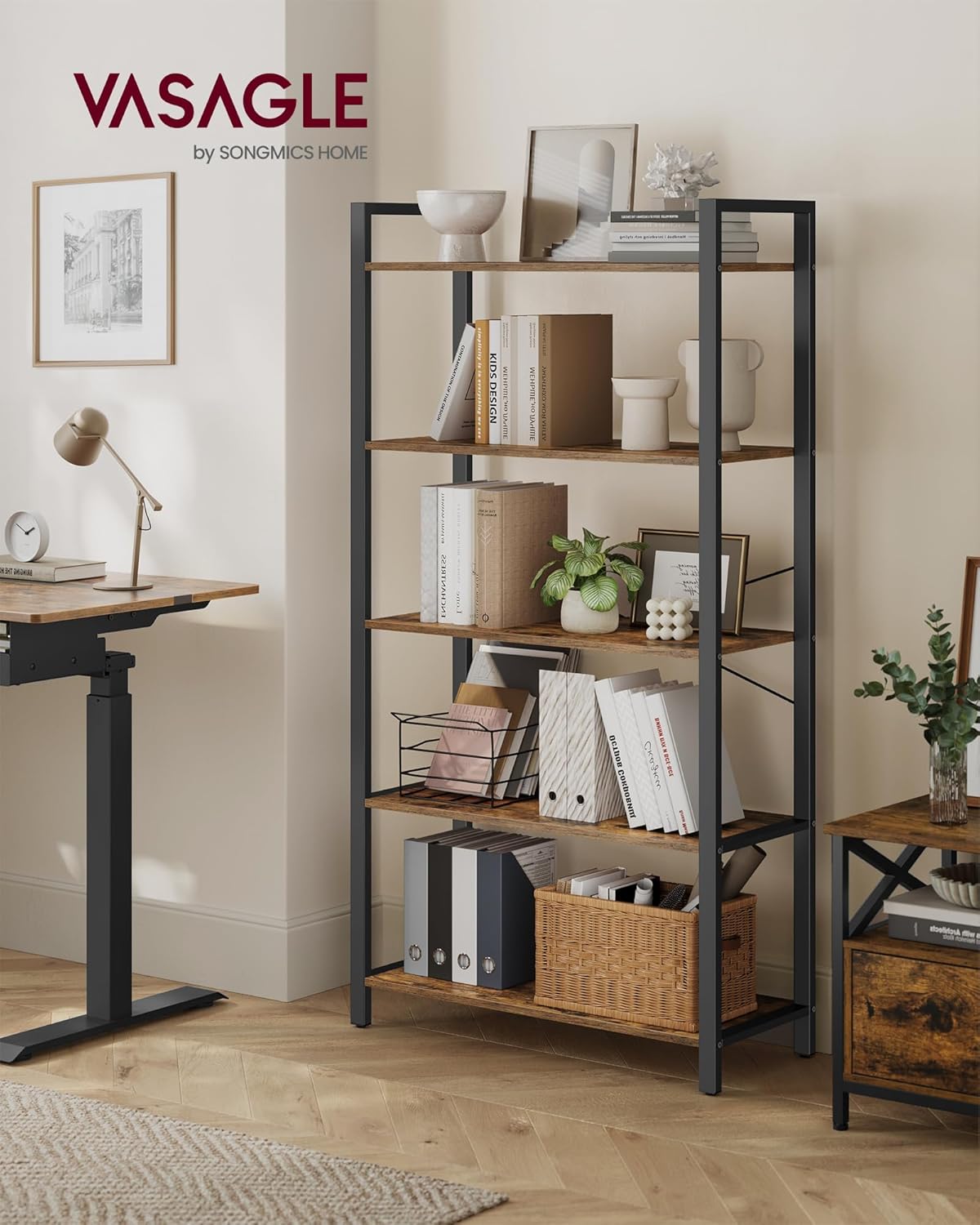 VASAGLE 5-Tier Bookshelf, Bookcase with Steel Frame, Book Shelf for Living Room, Home Office, Study, 11.8 x 31.5 x 60.2 Inches, Industrial Style, Rustic Brown and Ink Black ULLS081B01