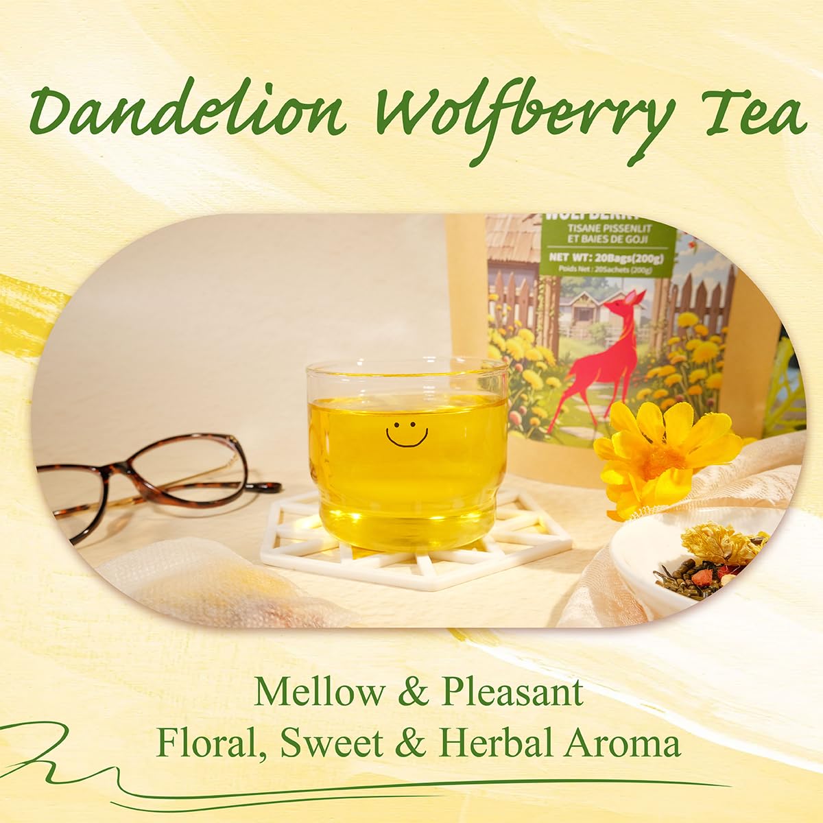 WT WEETEE Dandelion Wolfberry Tea, 10g * 20 Count Corn Firbe Tea Bags, Multiple Brewing, Made from Goji Berry Chrysanthemum Cassia Seed 7 Natural Herbal Ingredients, Wolfberry & Dandelion Herbal Tea