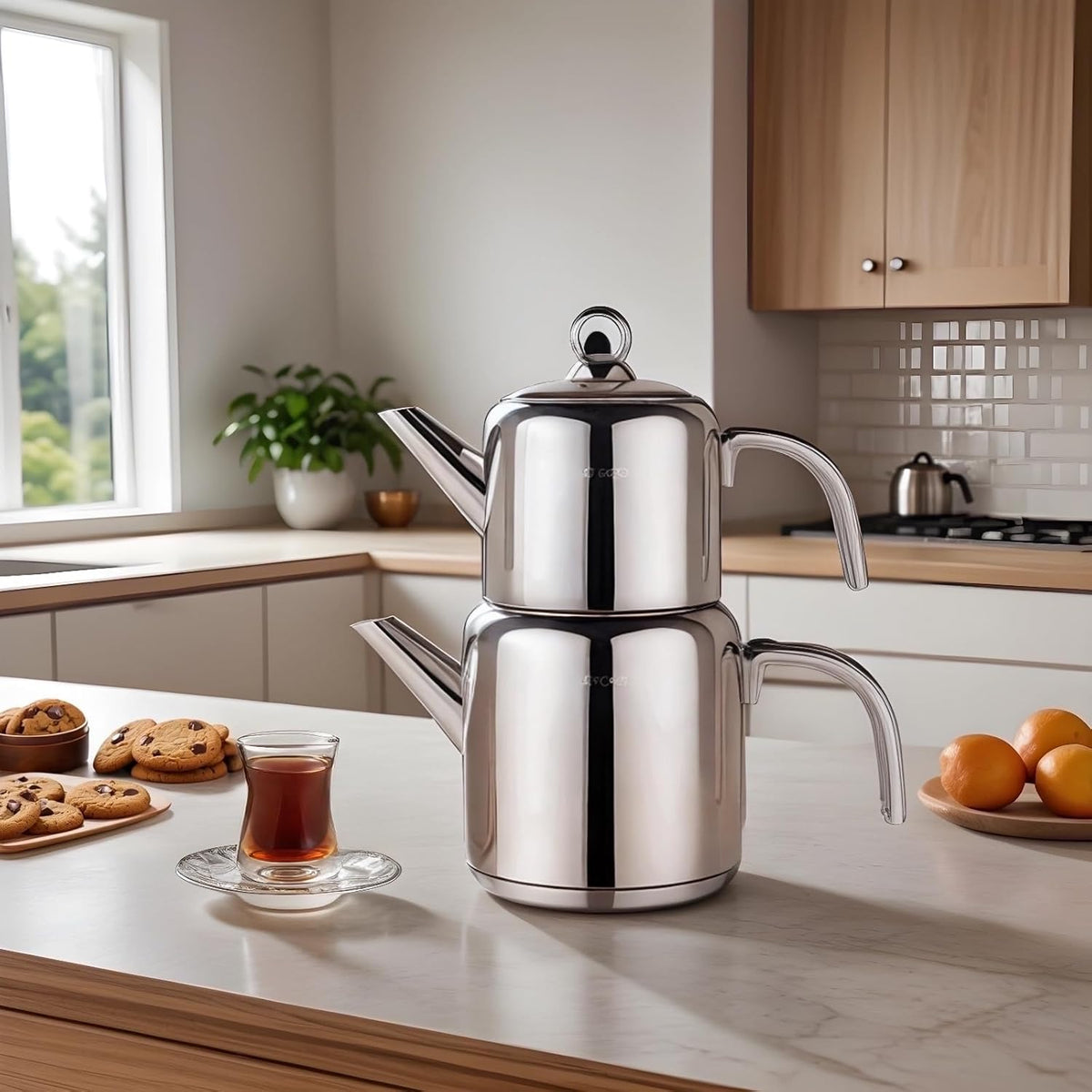 Karaca New Mani Turkish Tea Set for Stovetop, Induction Base Stainless Steel Tea Maker (1L Teapot & 2L Tea Kettle), Dishwasher Safe, Non-Burning Handles Samovar Style
