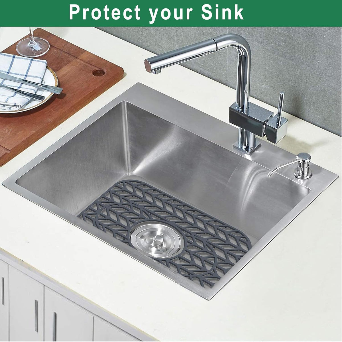 GUUKIN Sink Protectors for Kitchen sink, 13 5/8" x 11 5/8" Folding Non-slip Silicone Mat Grid for Bottom of Farmhouse Stainless Steel Porcelain Sink with 3 Reserved Holes