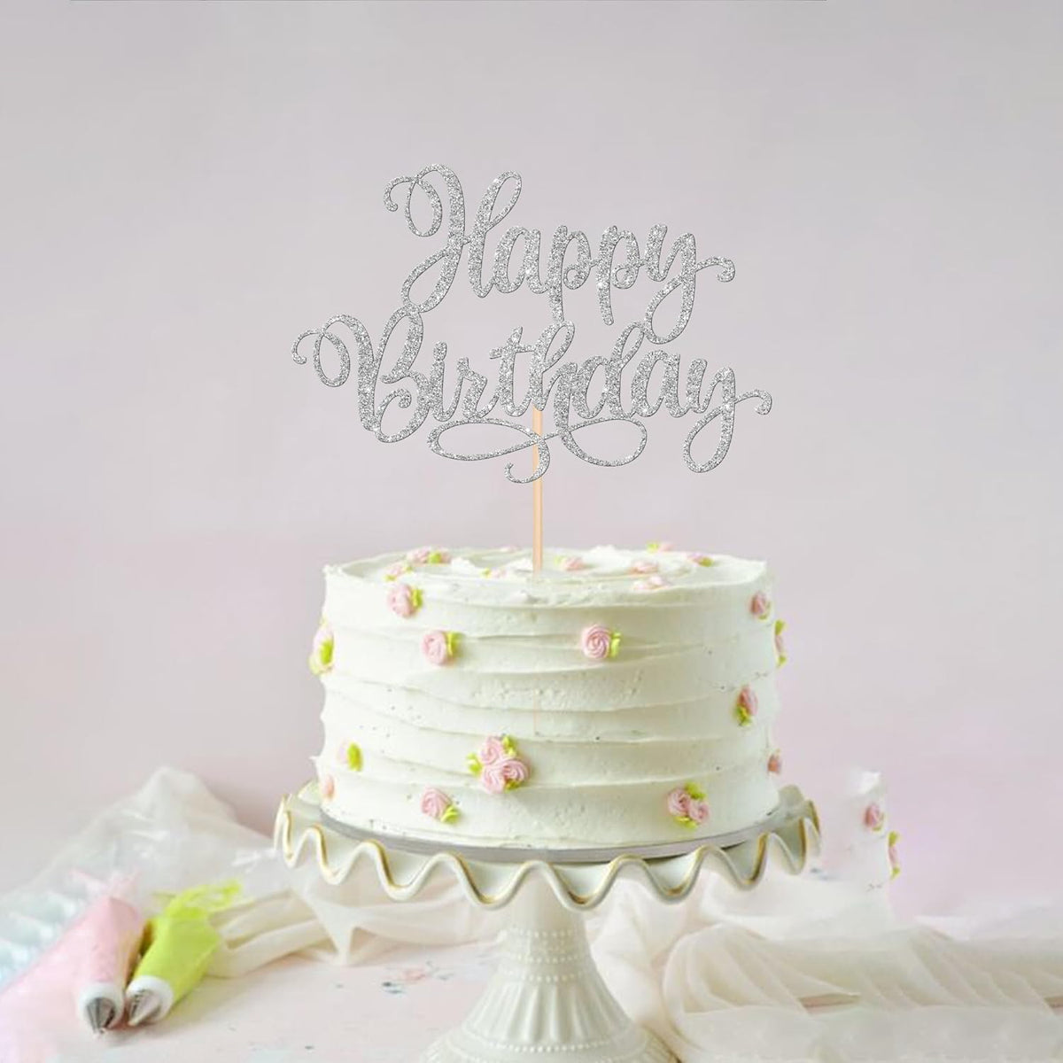 ZHUOWEISM 1 PCS Happy Birthday Cake Topper Glitter Happy Birthday Cake Pick for Celebrating Happy Birthday Anniversary Party Cake Decorations Supplies Silver
