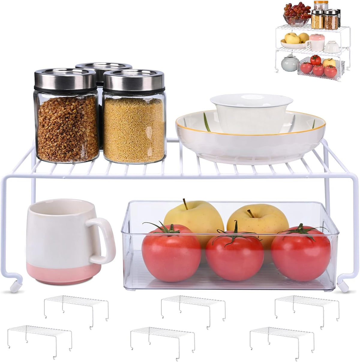 4-Pack Large (15.7x8.54inch) Multi-Level Organizer Rack, Kitchen Shelves for Spice Organization for Cabinet, Pantry Organizers and Storage, Wire Extra Shelf, Desk Organizer, Stackable, White