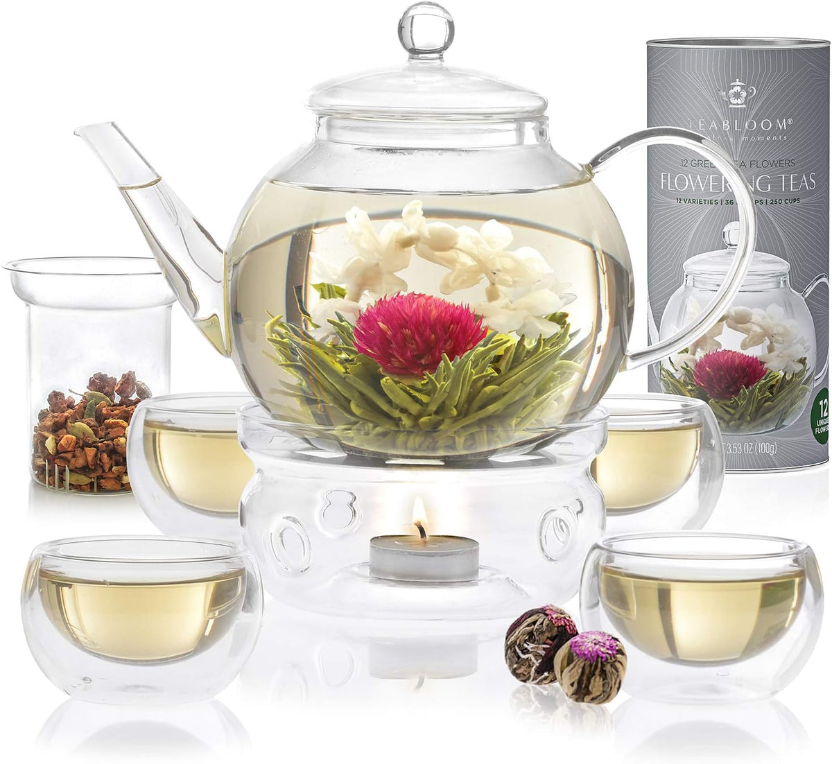 Teabloom Complete Tea Set – Glass Teapot (40 oz), Loose Tea Glass Infuser, 4 Insulated Glass Teacups, Tea Warmer, and 12 Flowering Teas – Elegant Blooming Tea Gift Set