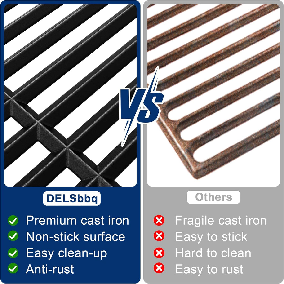DELSbbq Cooking Grates for Weber Genesis 300 Series Genesis E310 E320 E330 S310 S320 S330 EP-310 EP-320 EP-330, Cast-Iron Grill Grates Replacement for Weber 7524/7528, 19.5" x 12.9", Set of 2