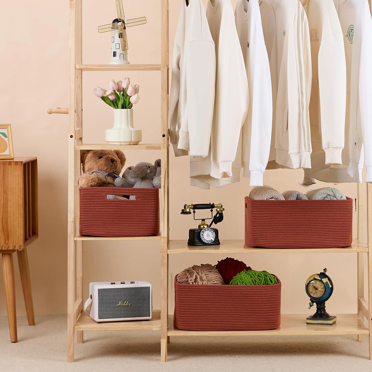 Large Storage Baskets for Organizing, Closet Shelf Baskets for Clothes Blanket Towels, Baby Nursery, Toy Bins Box, Woven Rope Baskets, 17 x 13 x 7.5”, 4 Packs Oxide Red