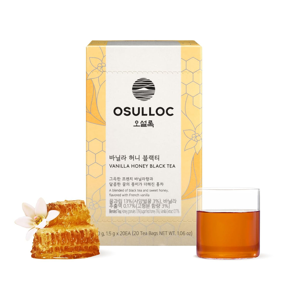 OSULLOC Vanilla Honey Black Tea (20 count, 1.05 oz), Black tea filled with Sweet Flavor of French Vanilla and Honey, Premium Blended Tea bags from Jeju Island