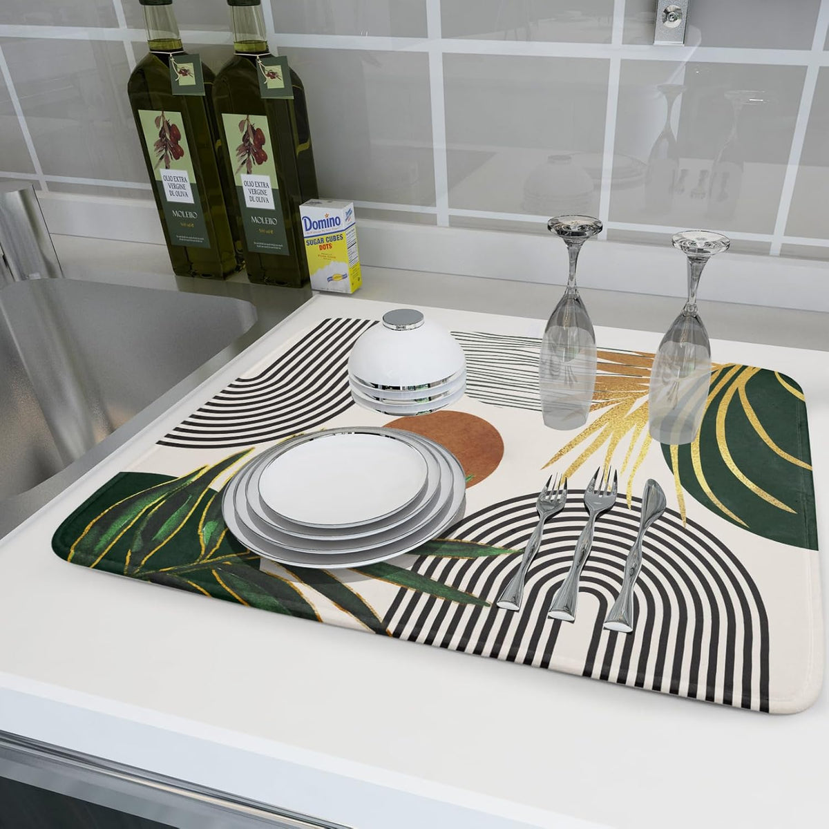 Boho Leaves Dish Drying Mat 18x24 inch Mid Century Absorbent Drainer Rack Mats Fast Dry Bottles Dish Dry Pad Protector Kitchen Accessories