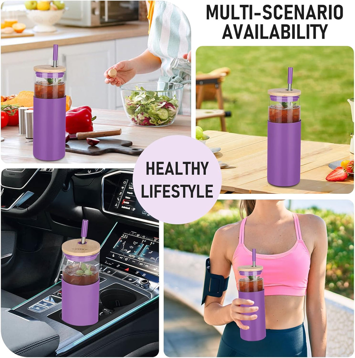 1Pack Glass Tumbler/Lid & Straw - 24oz Reusable Glass Mug w/Bamboo Lid & Stainless Steel Straw-BPA-Free Leak-Proof, Dishwasher Safe for Coffee, Smoothies, Hot Beverage, Travel, Office, Home Use