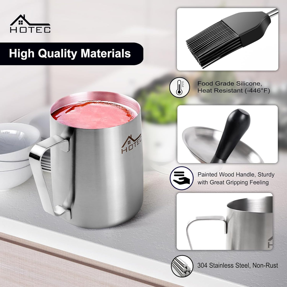 HOTEC Stainless Steel 304 Basting Pot with Brush, Silicone Grill Barbeque Basting Brushes for Sauce Oil, 36oz