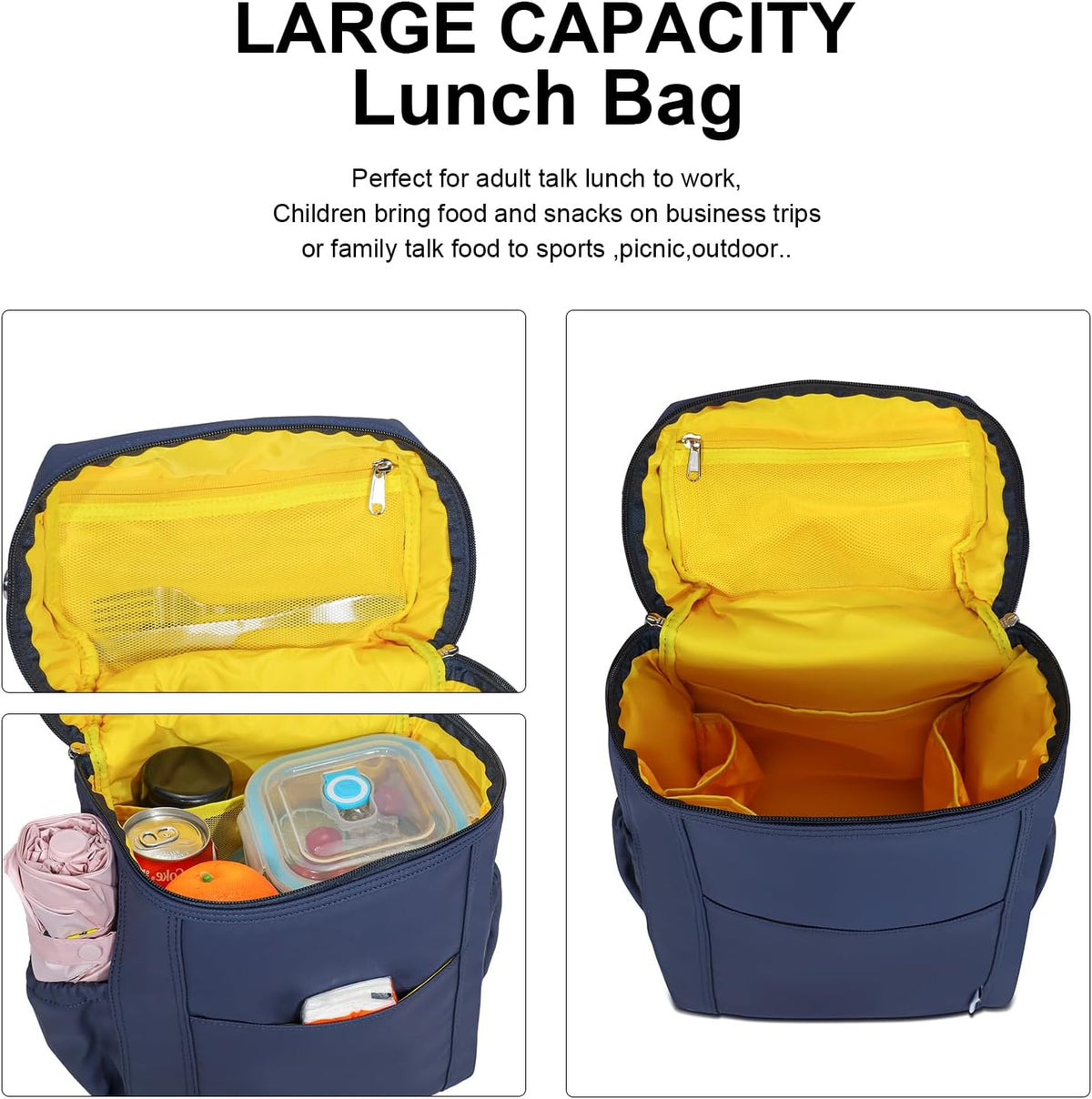 NOL Natural Organic Lifestyle Insulated Lunch Bags for Women Cooler Bag Lightweight Nylon Waterproof Lunch Box For Work (Navy blue, Large)