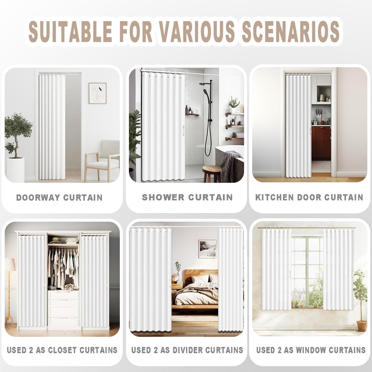 Vatge Pleated Folding Curtains for Doorway - Laundry Room Curtains for Doorway, Bedroom, and Closet Without Door, Room Divider Curtain for Closet Door, 1 Panel with Tieback, W52 x L78, White