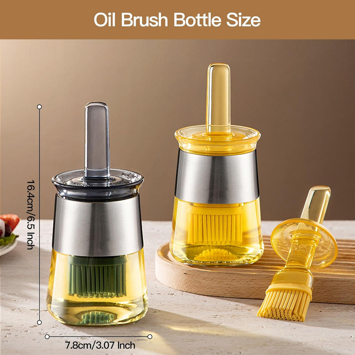 Oil Bottle Brush, 9 oz Olive Dispenser Bottle with Brush,Silicone Basting Brush Oil Separator for Cooking, Glass Oil Dispenser for Kitchen Barbecue Sauce Grill Frying (Yellow,270 ml)