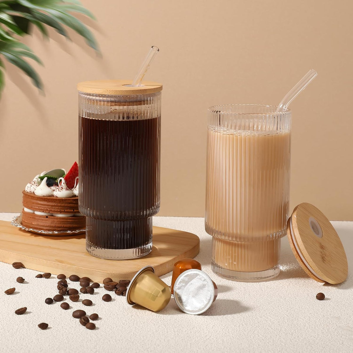 Glass Cups with Bamboo Lids and Straws - 16 oz Iced Coffee Cups, Vintage Ribbed Drinking Glasses, Tumbler for Juice, Beer, Coffee, Milk, Cocktail, Water (2 Pack)