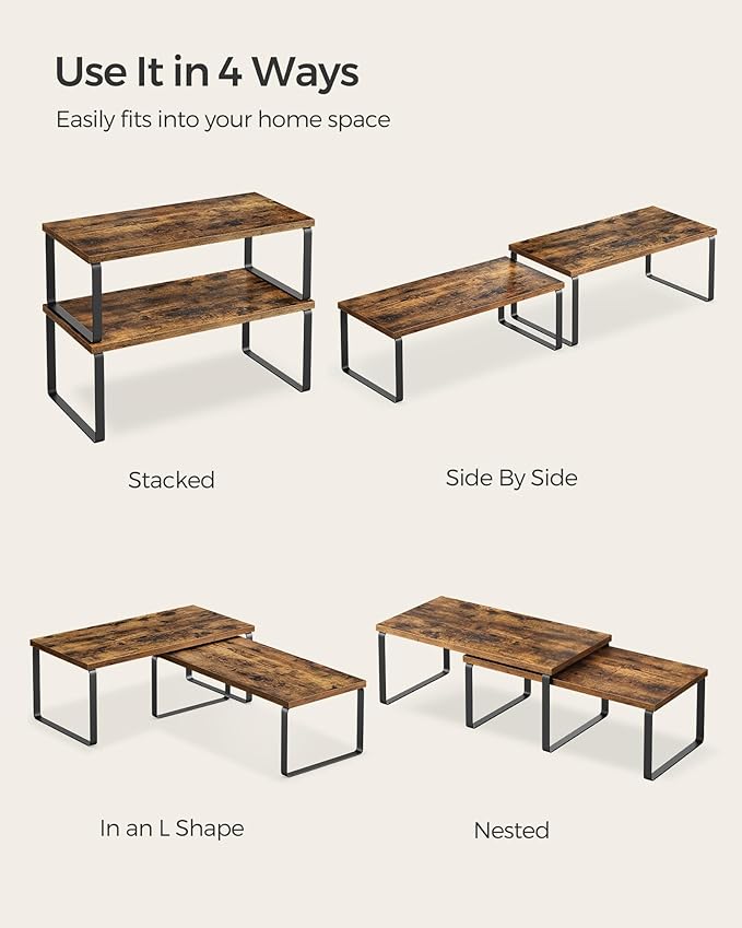 SONGMICS Cabinet Organizer Shelf, Set of 2 Kitchen Counter Shelves, Kitchen Storage, Spice Rack, Stackable, Expandable, Metal and Engineered Wood, Ink Black and Rustic Brown UKCS200X01