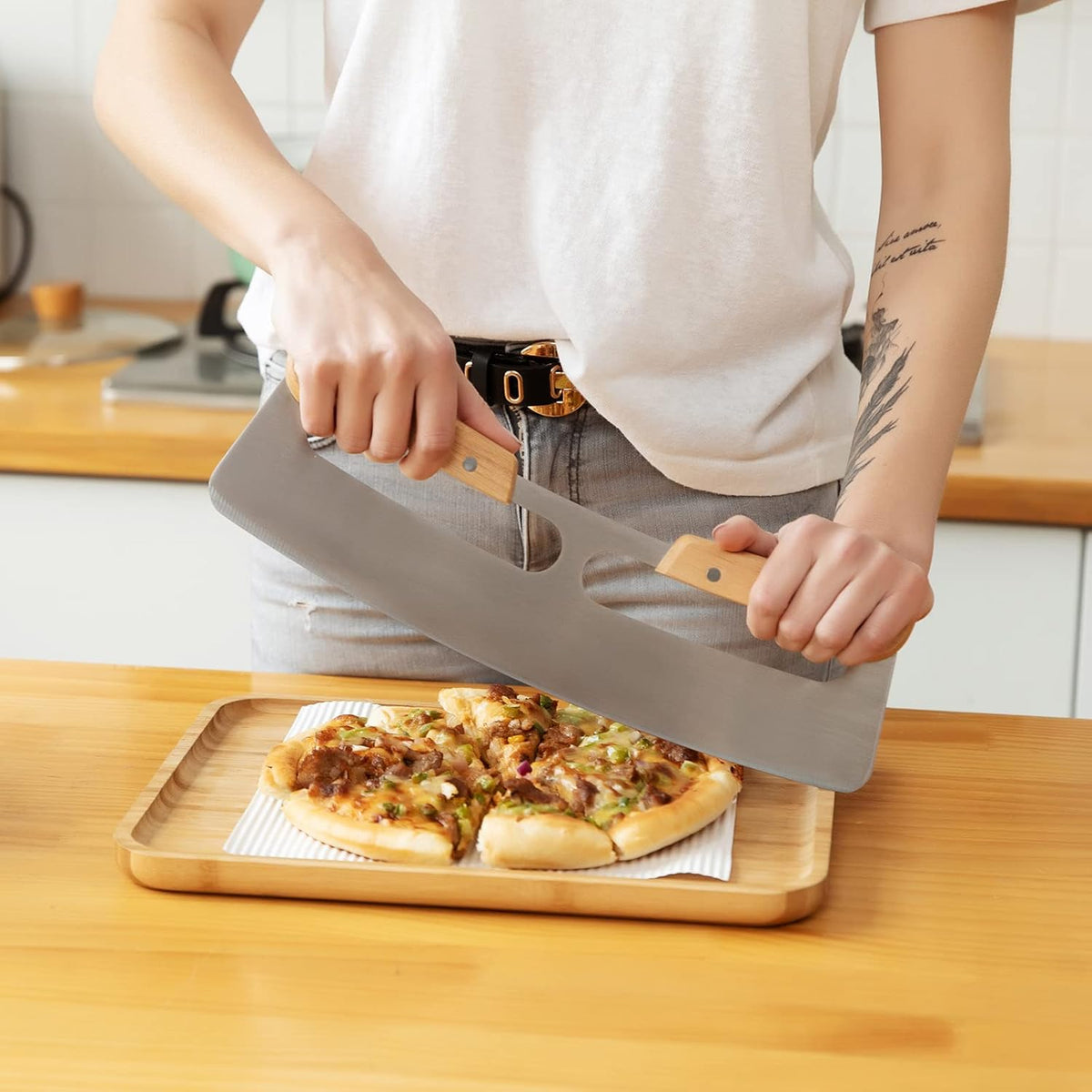 Pizza Cutter Rocker with Wooden Handles & Protective Cover by Zocy, 14" Sharp Stainless Steel Pizza Slicer Wheel, Big Pizza Knife Cutters for Kitchen Tool (14inch)