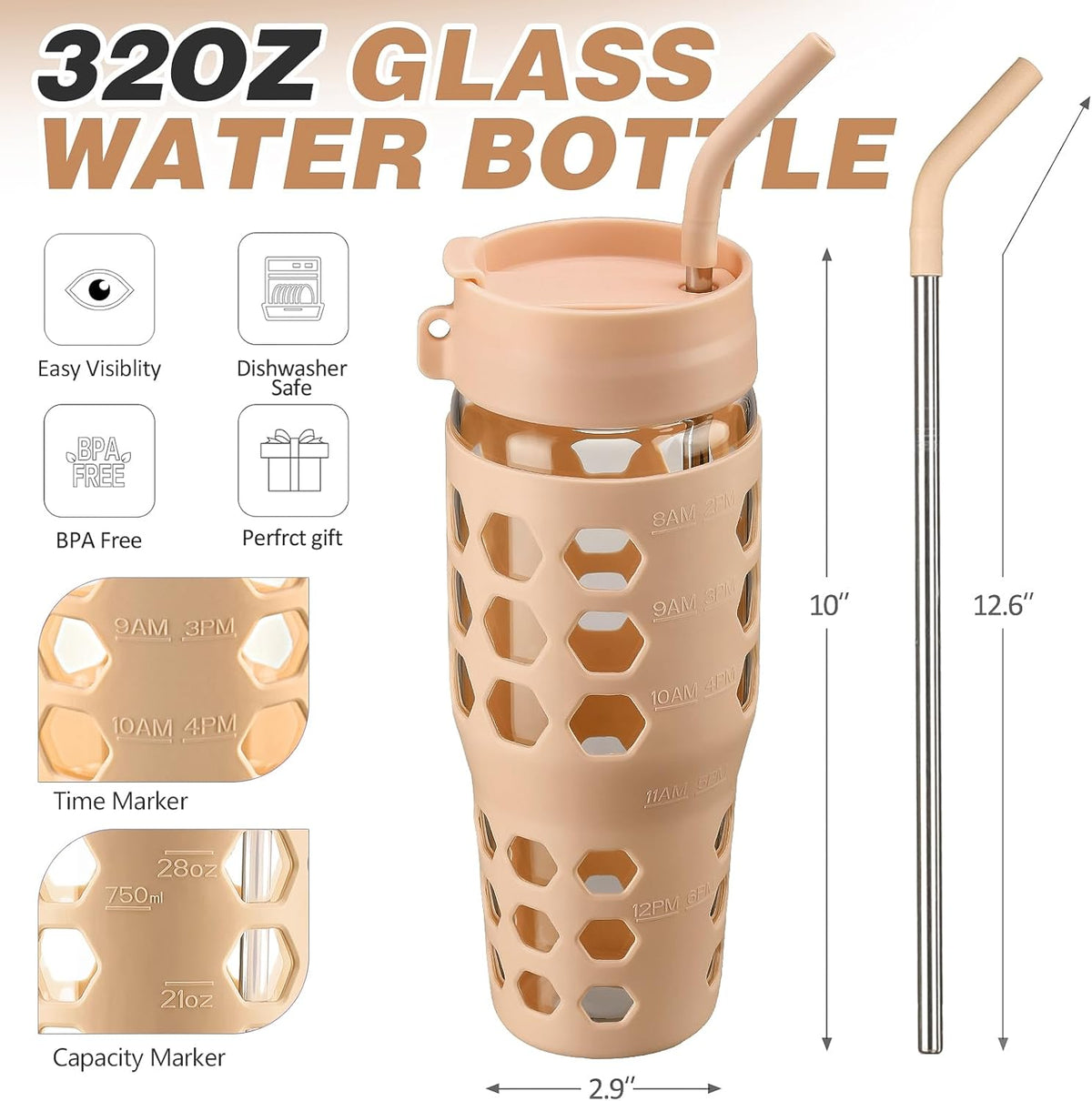 MUKOKO 32 oz Glass Tumbler with Straw,Glass Water Bottles with Time Marker,Iced Coffee Cup with 2 Lids-Handle Spout Lid&Straw Lid,Silicone Sleeve,Leakproof,1 Pack-Amber