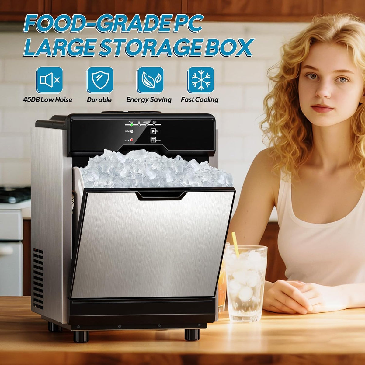 Nugget Ice Maker Countertop, 80Lbs/24H with 20LBS Ice Basket - Dual Water Inlet (Tap/Bottle), Self-Cleaning Stainless Steel Pellet Ice Machine, Chewable Ice Dispenser for Home, Kitchen, Office