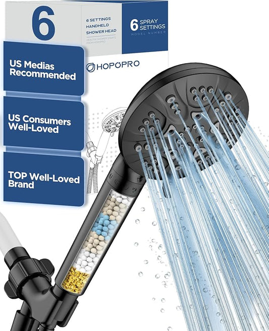 6-Mode High Pressure Handheld Shower Head with Filter, HOPOPRO High Flow Filtered Handheld Showerhead, Water Softener Filters for Hard Water - Removes Chlorine - Improves Skin Hair Condition