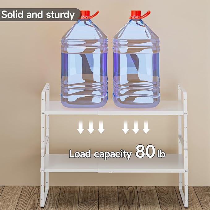 16.5-27’’L Expandable Kitchen Shelf Organizer, Stackable Shelves Organizer, Adjustable Height Pantry Spice Rack for Cabinet, Countertop, Pantry and Cupboard, White