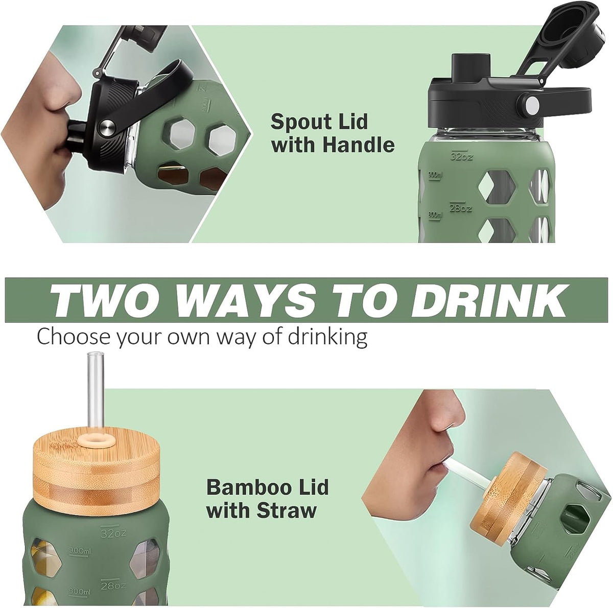MUKOKO Glass Water Bottles, 32oz Glass Tumbler with Straw, Drinking Bottles with 2 Lids-Handle Spout Lid&Bamboo Straw Lid, Motivational Water Bottle with Time Marker and Silicone Sleeve, 1 Pack-Olive
