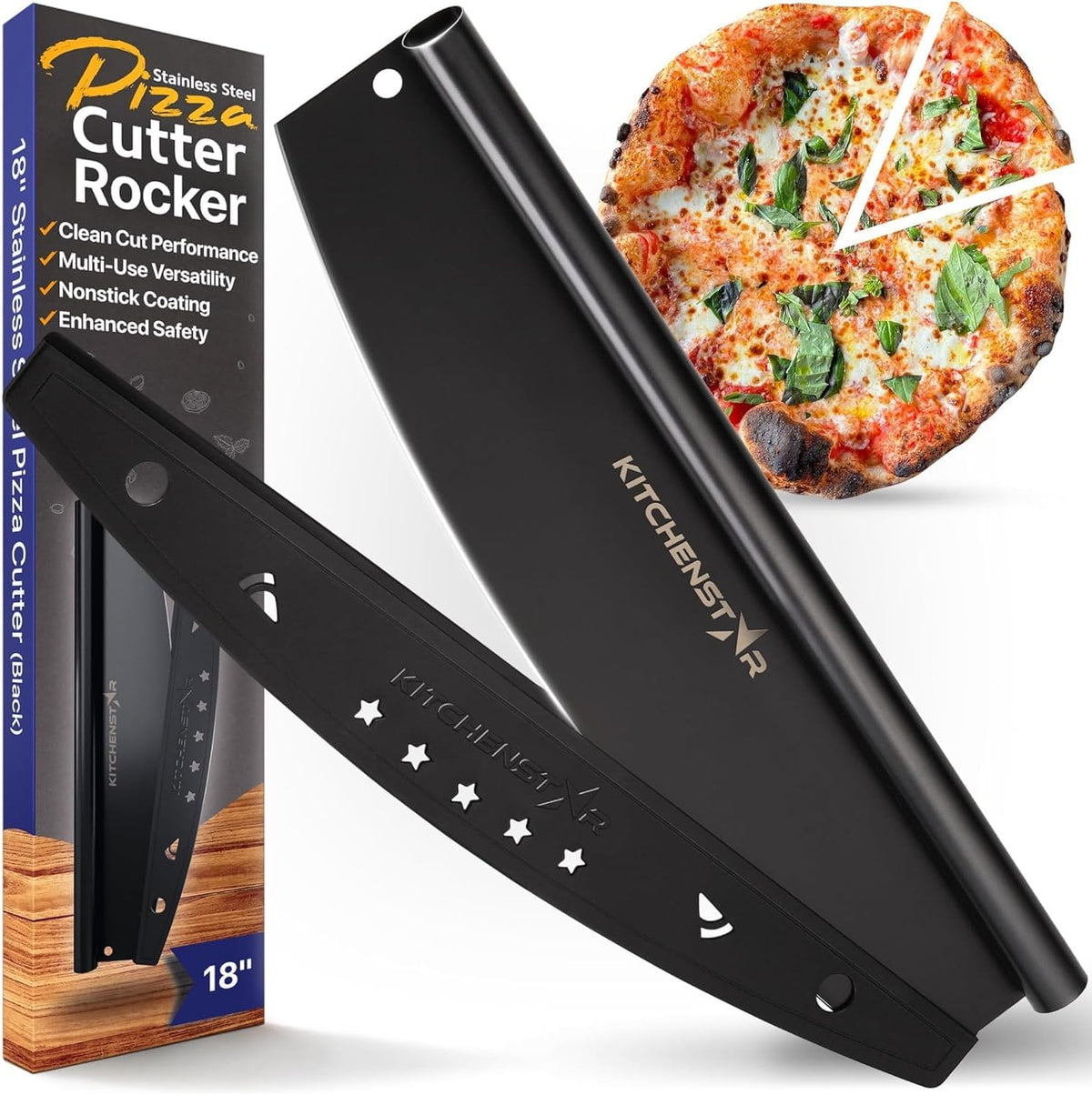 KitchenStar 18-Inch Pizza Cutter Rocker Blade - Sharp Stainless Steel Slicer Knife, Protective Cover, Black Nonstick, Extra Large - Commercial Pizza Oven Accessories