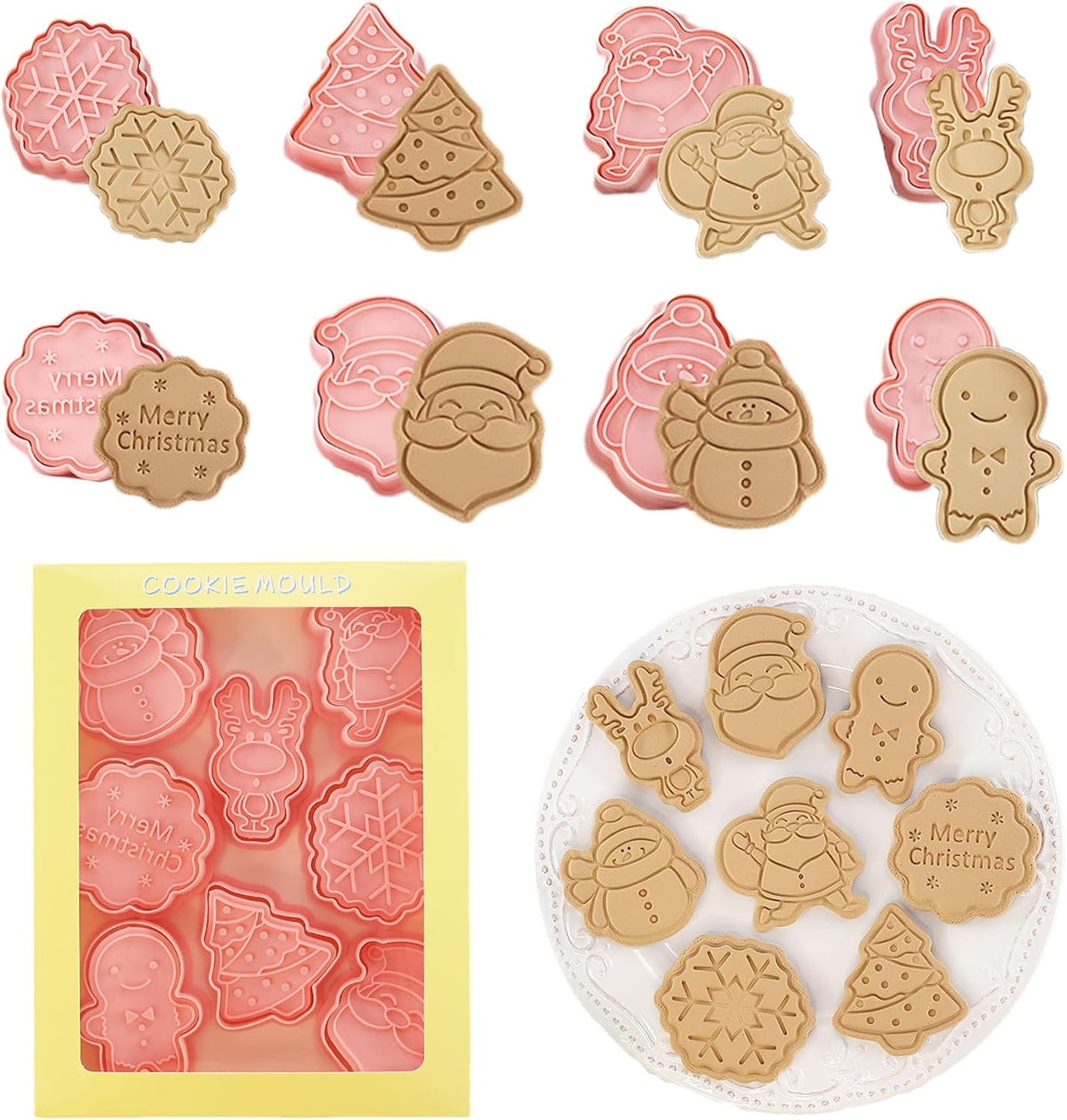 8Pcs Christmas Cookie Cutters, 3D Plastic Snowflake, Santa, Tree, Snowman Design Biscuit Mould and Cutters