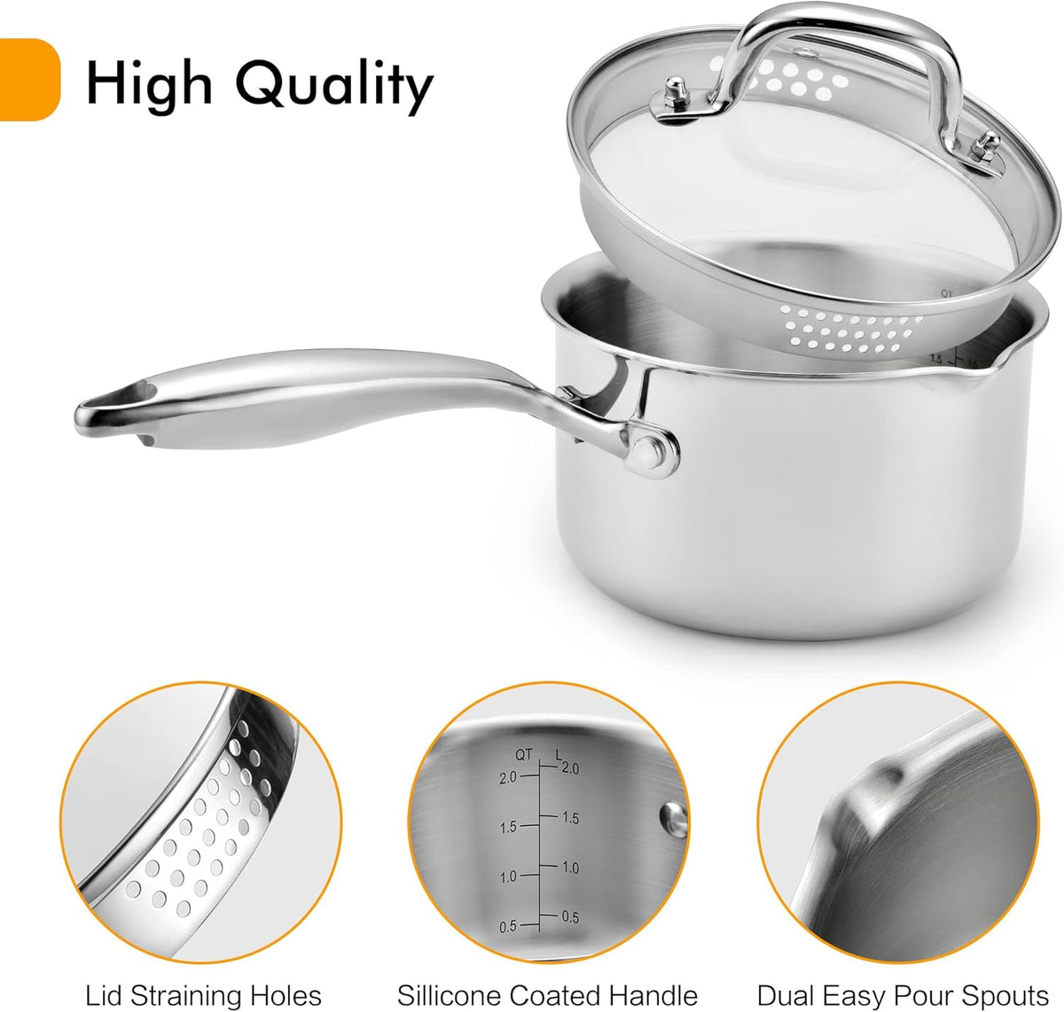 Stainless Steel Saucepan with Glass Lid, 2.0 Quart Multipurpose Sauce Pan, Sauce Pot with for Easy Pour with Ergonomic Handle