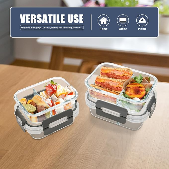 2 Compartment Glass Meal Prep Containers, 6 Pack Reusable Food Storage Containers with Lids, Lunch Containers for Adults, Portion Control, Airtight, Freezer to Microwave Safe(34oz+22oz)