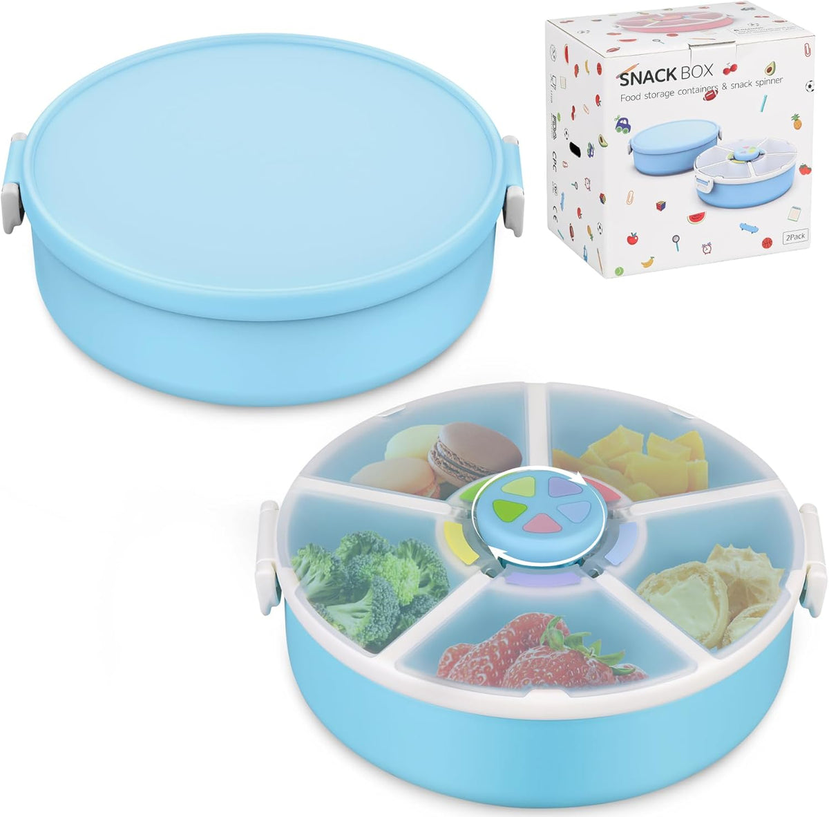 Snack Spinner Set for Kids – 2-Pack, Includes Rotating Snack Container & Classic Sectioned Snack Box, BPA-Free, Dishwasher Safe, Perfect for Travel, Blue
