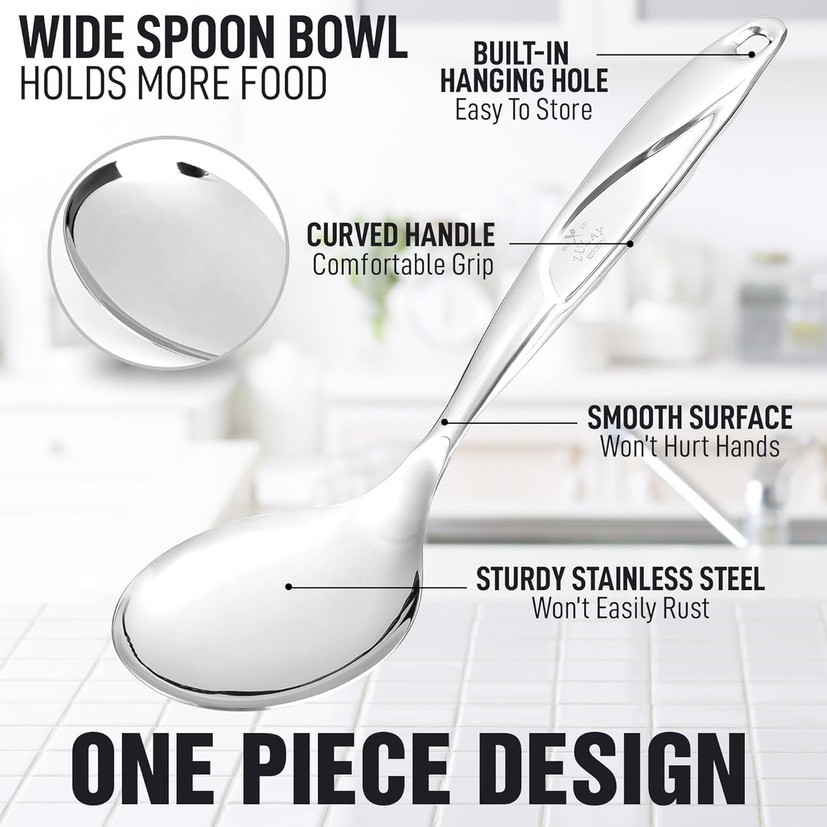 Zulay Kitchen Stainless Steel Serving Spoon - Large Cooking Spoon - Durable Premium Stainless Steel with Comfortable, Ergonomic Handle - Easy to Clean - Perfect for At Home Cooking & Buffets - 11.5”