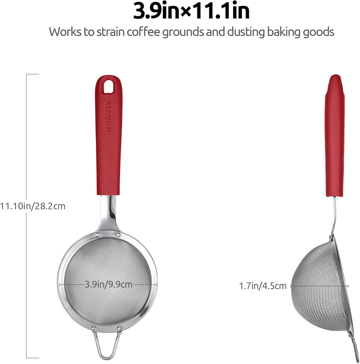 18/8 Stainless Steel Mesh Strainer: U-Taste 3.9 Inch Kitchen Fine Mesh Sieve Food Colander with Riveted Sturdy Silicone Handle and 30 Mesh Hole for Straining Flour, Quinoa, Tea, Juice (Red)