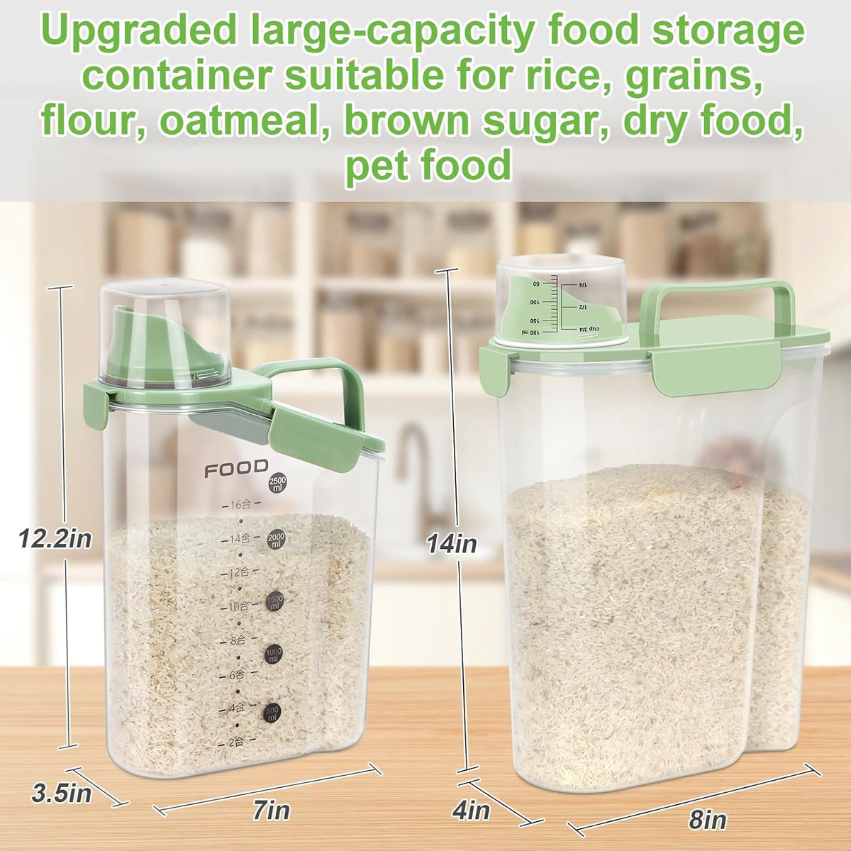Rice Storage Container, Cereal Containers Storage, Dry Food Airtight Dispenser BPA Free, Clear Plastic Kitchen and Pantry Organization Bin (2, Green, 3Qt)