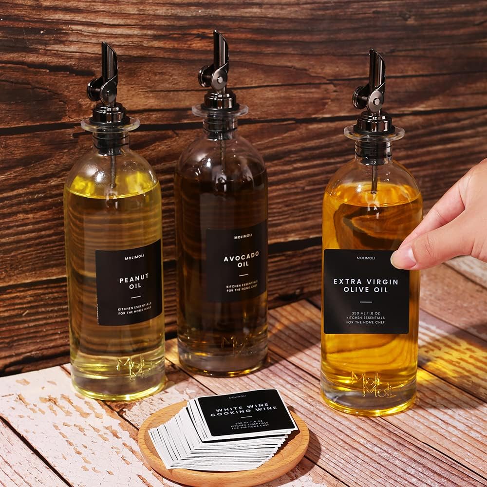 Molimoli Oil and Vinegar Dispenser with Metal Pour Spout, Weighted Pourer, Glass Bottle Dispenser for Kitchen, Olive Oil Cruet, Glass Olive Oil Bottle | 500ml, Set of 2