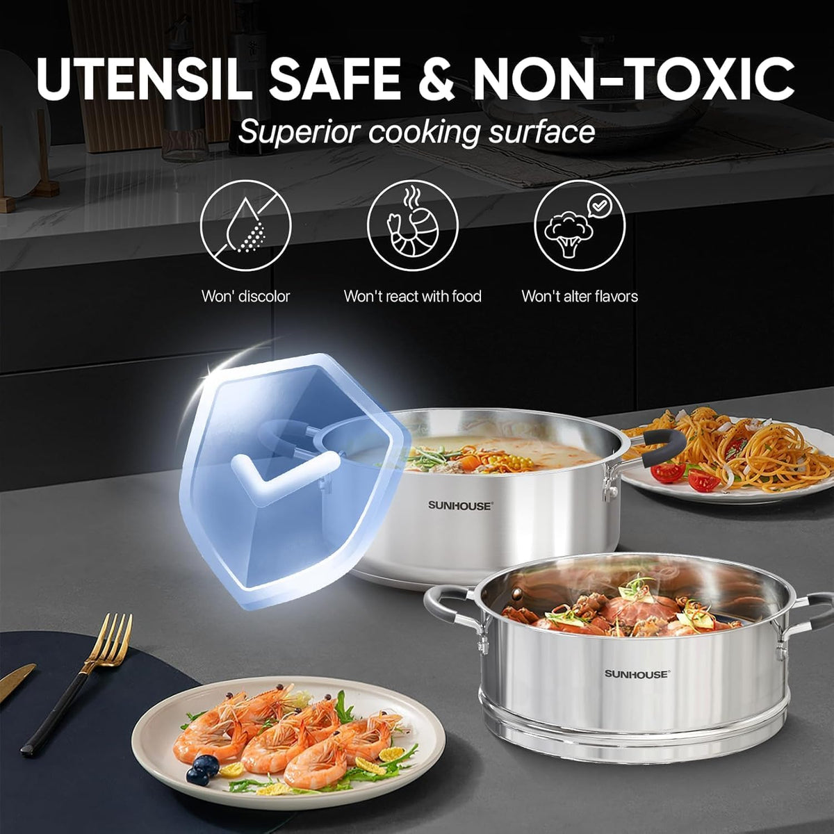 Sunhouse - 4.6 Quarts Steamer Pots With Lid 2-Tier Multipurpose Stainless Steel Steaming Pot Cookware For Vegetable, Dumpling, Sauce, Food - Triple Bottom, Measurement Line