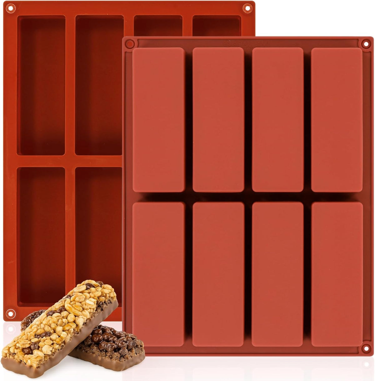 Granola Bar Molds, 8 Cavity Rectangle Granola Bar Silicone Mold for Energy Bars, Cereal, Protein, Brownie, Chocolate & Candy Molds(2 Pcs)