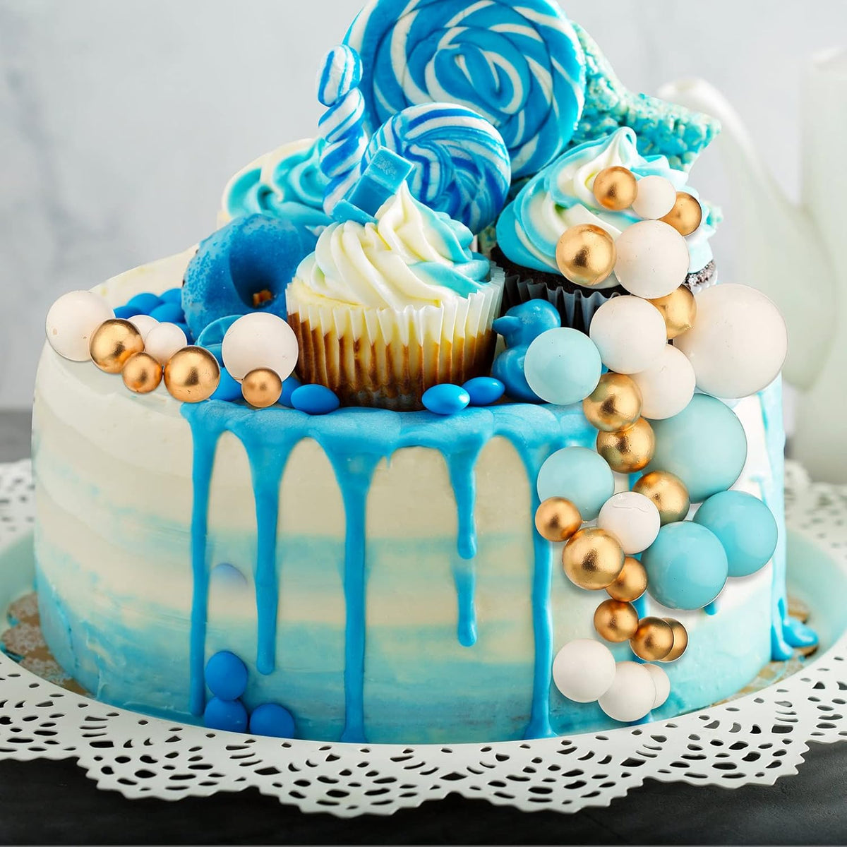 108 Pcs Balls Cake Topper DIY Cupcake Insert Foam Balloons for Cake Baking Wedding Anniversary Birthday Decoration(Blue, White, Gold,Multi Sizes)