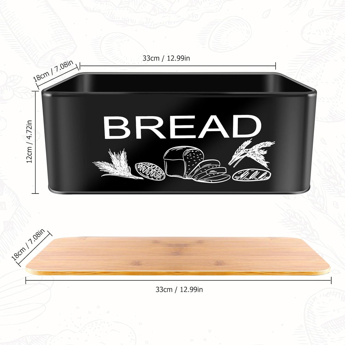 JIGUOOR Black Bread Box, Large Space Saving Vertical Metal Bread Box with Wooden Cutting Board Lid, Holds 2+ Loaves, Farmhouse Bread Bins Kitchen Bread Storage,Kitchen Parts Box 12.99" x 7.08" x 4.72"