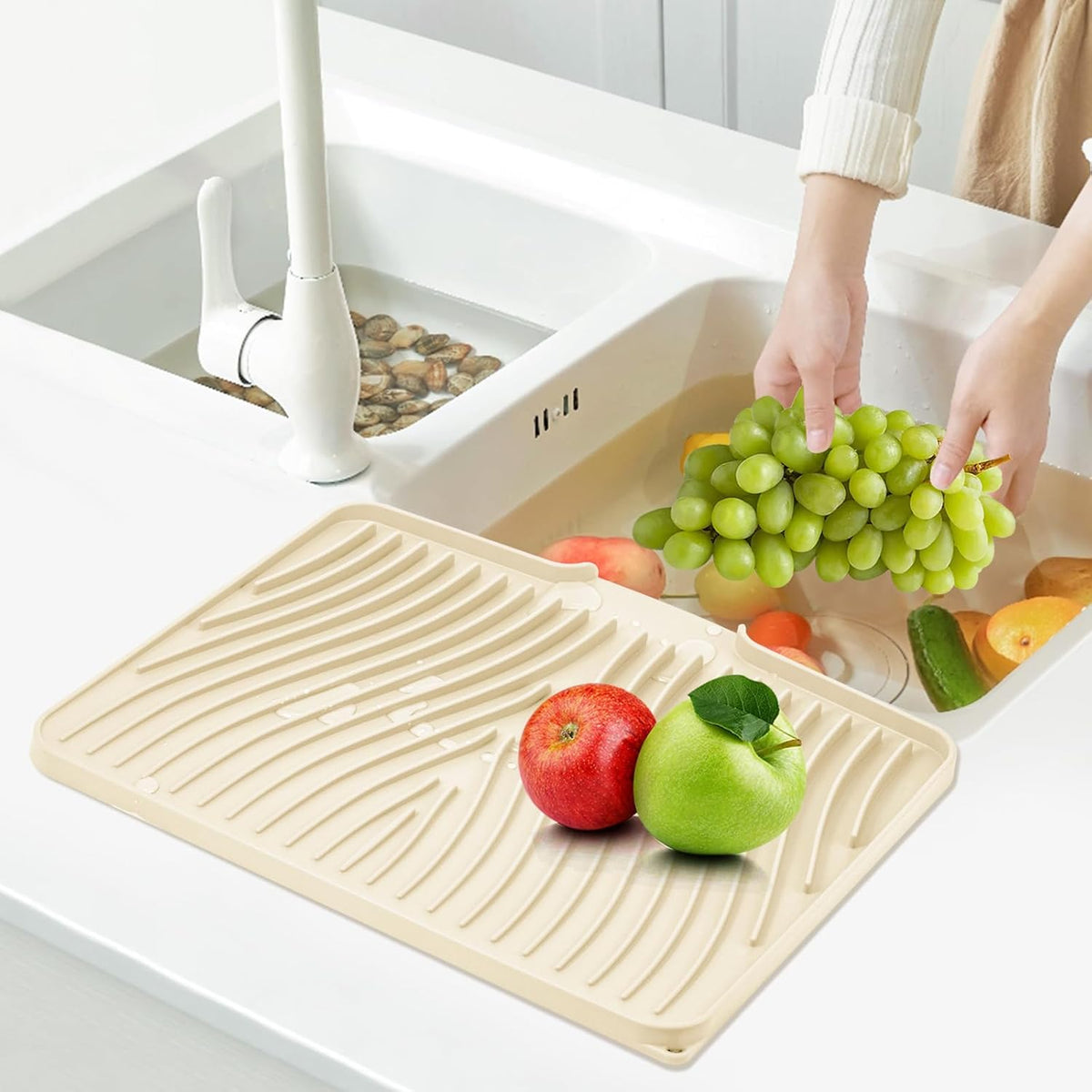 Silicone Dish Drying Mat for Kitchen Counter, Dish Drying Pad, Non-Slip Drain Pad with Built-in Drain, Heat Resistant Stone Drying Mat(Yellowish 15.8" x 13")