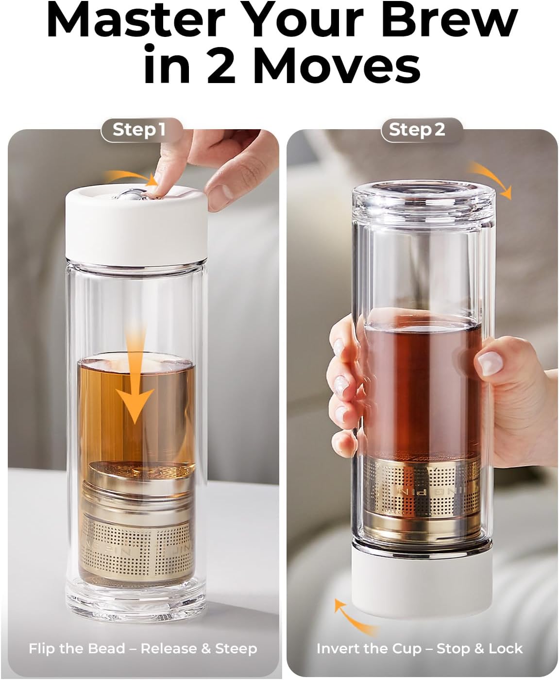 MagnaDrop Tea Tumbler – Double Wall Glass Tea Infuser Cup with Magnetic Steep Control & Bead Switch, Leakproof Travel Mug for Loose Leaf, 12.5oz